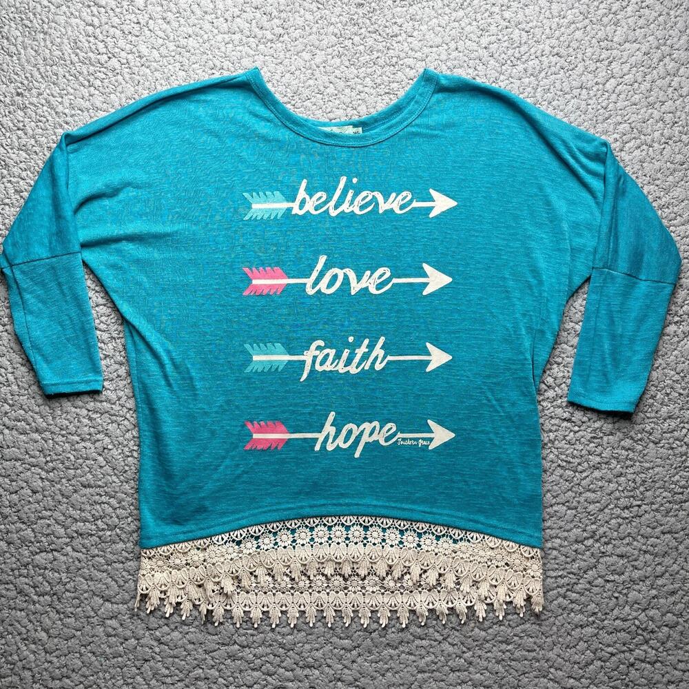 Southern Grace Doleman Sleeve Top Womens M/L Blue Faith Lace Long Sleeve